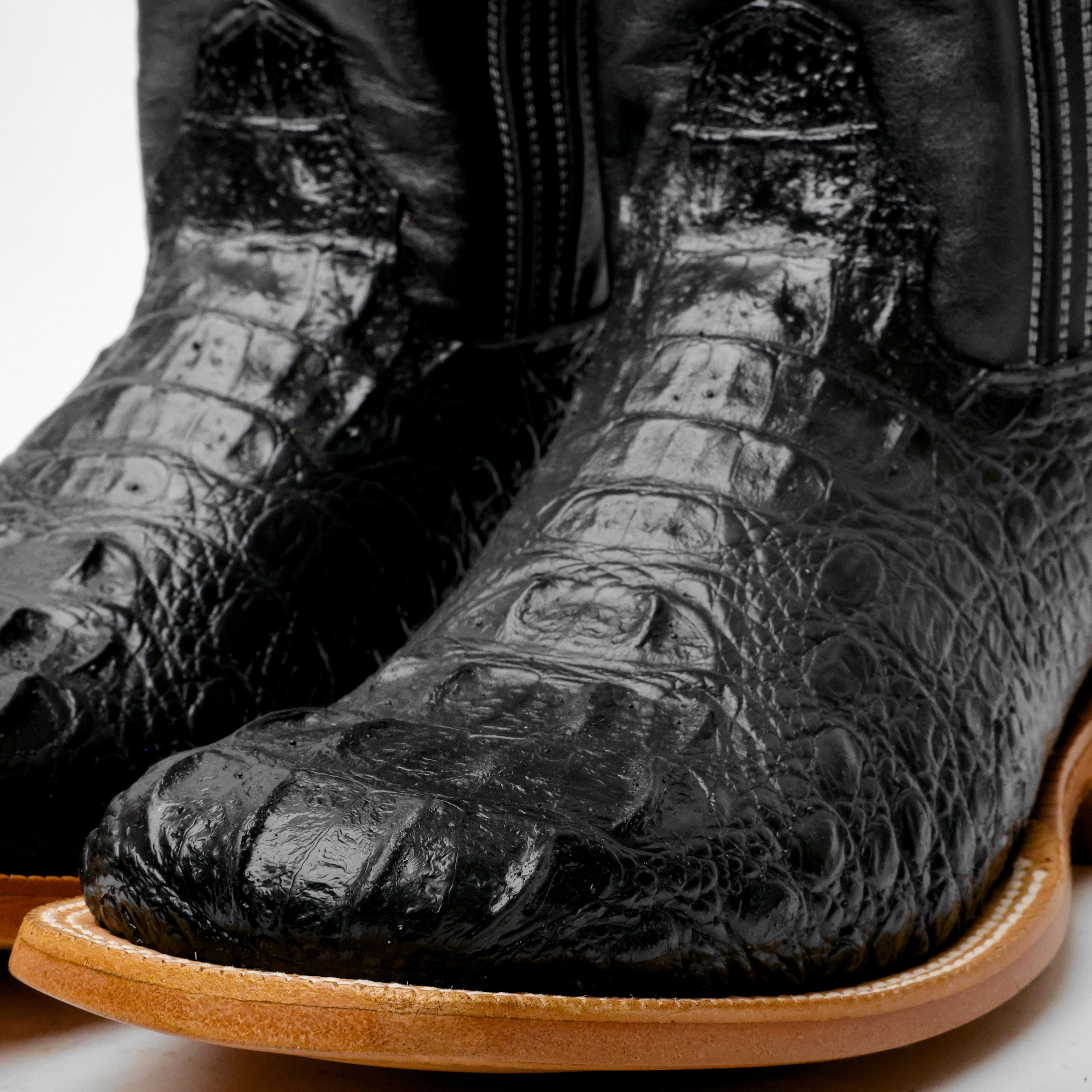 Black Caiman Neck Leather Boots - Square Toe