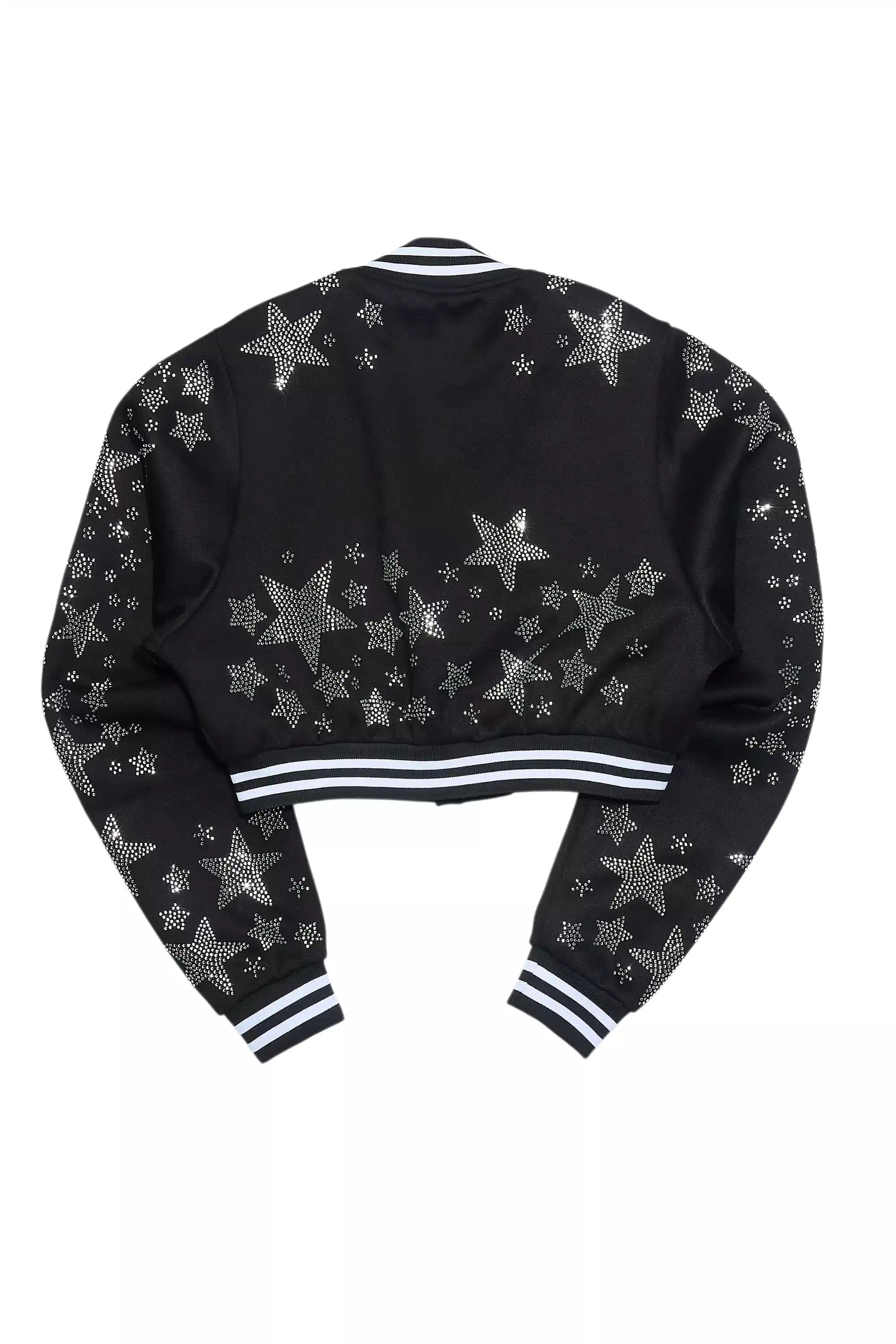 Shanda Black Crop Rhinestone Varsity Jacket
