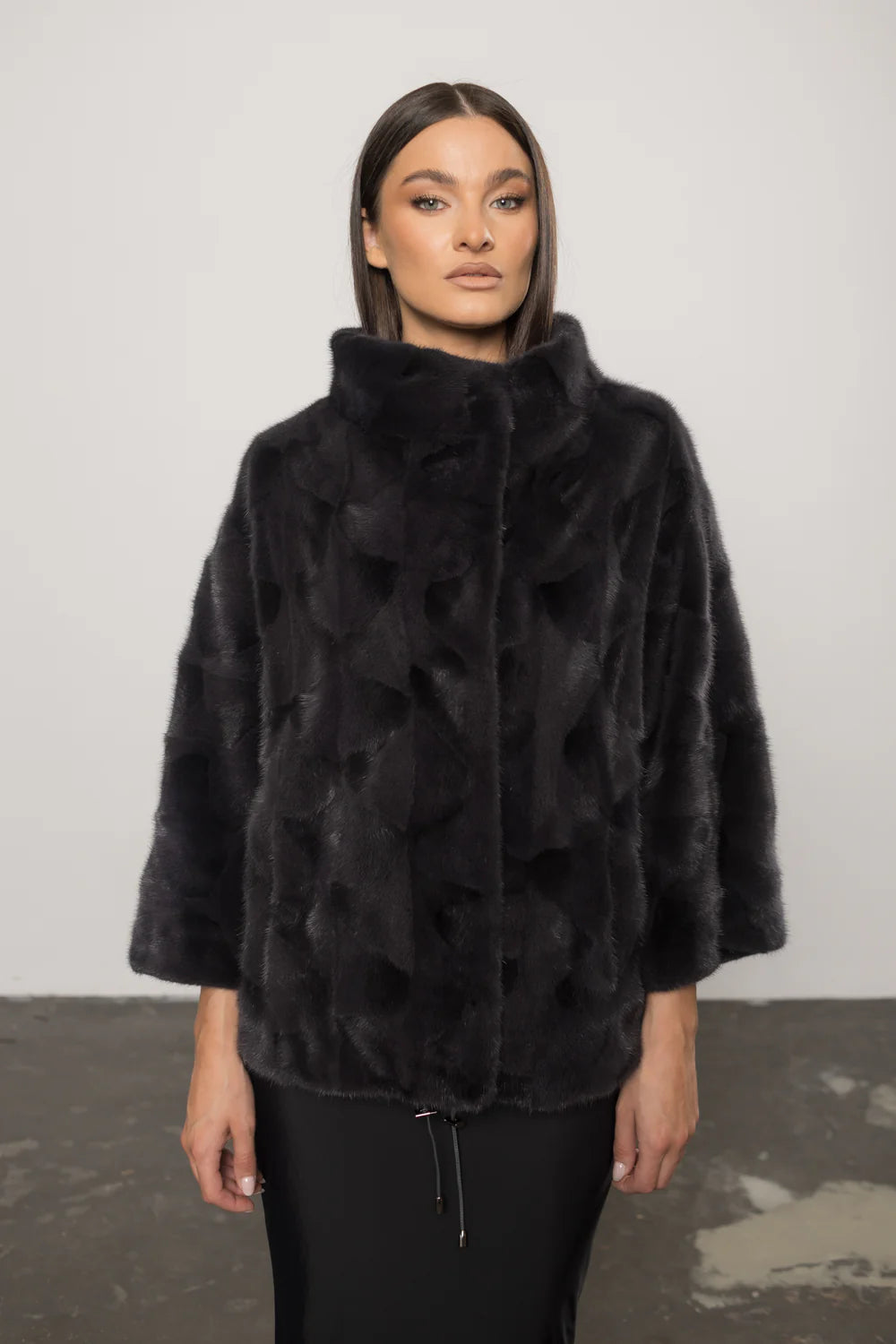 Haină din Blană Naturală de Vizon, Mâneci 3/4, Femei, Blue Eclipse 399