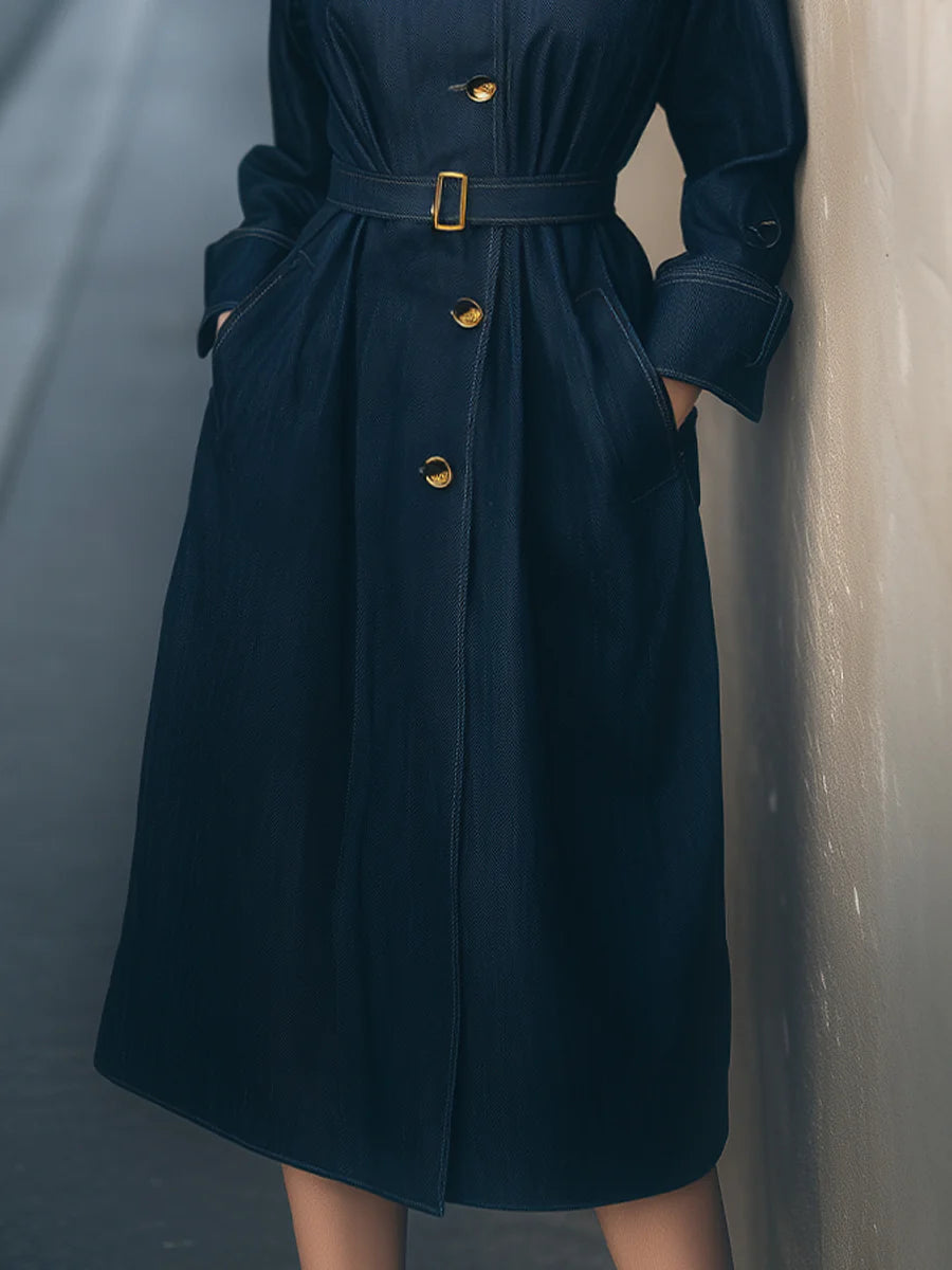 Navy Belted Trench Coat With Gold-Tone Buttons