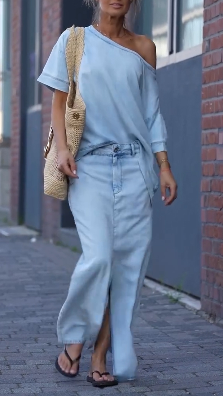 Women's Round Neck Tencel Denim Casual Suit