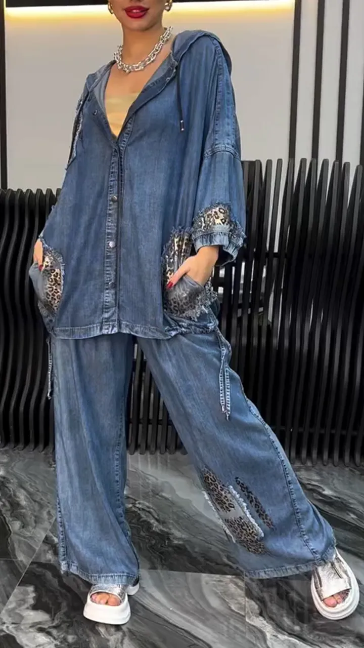 Women's Lapel Silver Leopard Print Splicing Tencel Denim Casual Suit