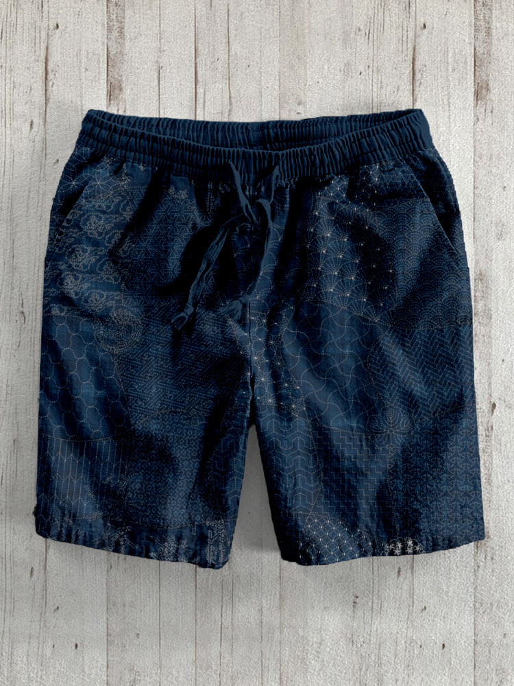 Japanese Traditional Sashiko Art Linen Blend Shorts