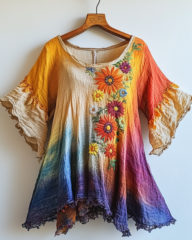Summer Rainbow Gradient Daisy Embroidered T-shirt  6eb4