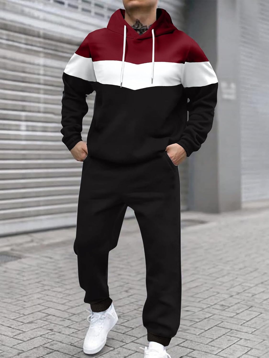 Men's Hoodie Tracksuit 2 Pieces Set Novelty Color Block Pullover Fleece Hoodies Long Sleeve Casual Sweatshirt
