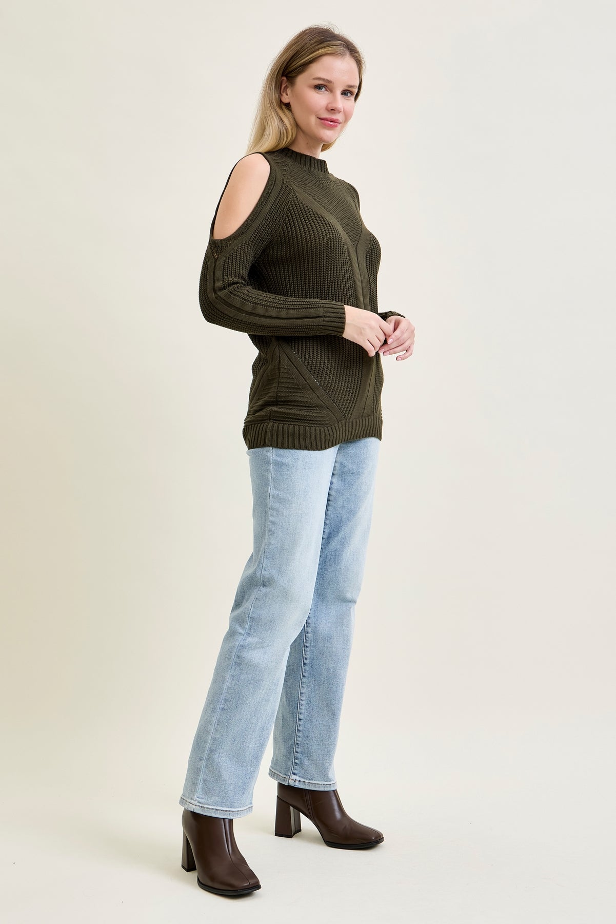 Cold Shoulder Cable Pullover Green Sweater