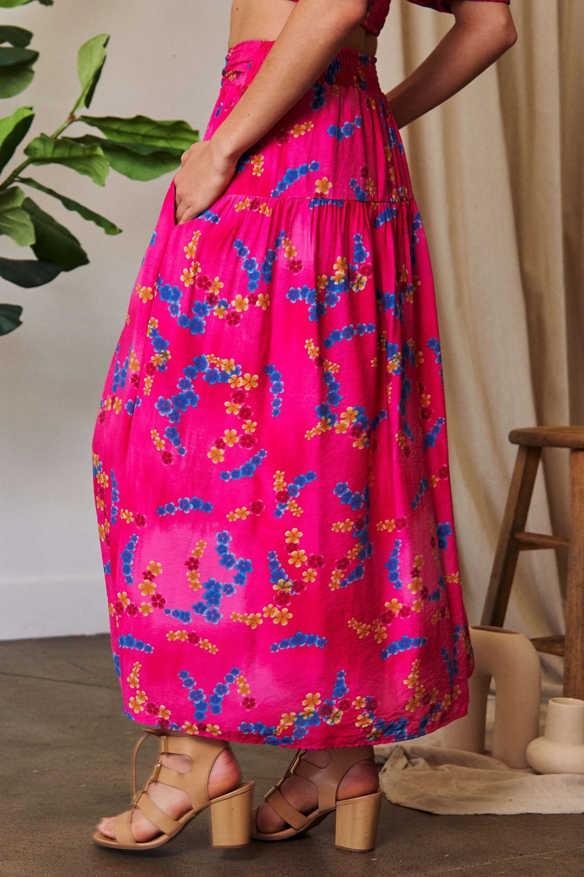 Printed Smocking Waistband Ruffled Maxi Skirt