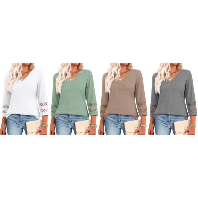 Womens 3/4 Length Sleeve Tops Trendy V Neck T Shirts(Just $3 a Each!)