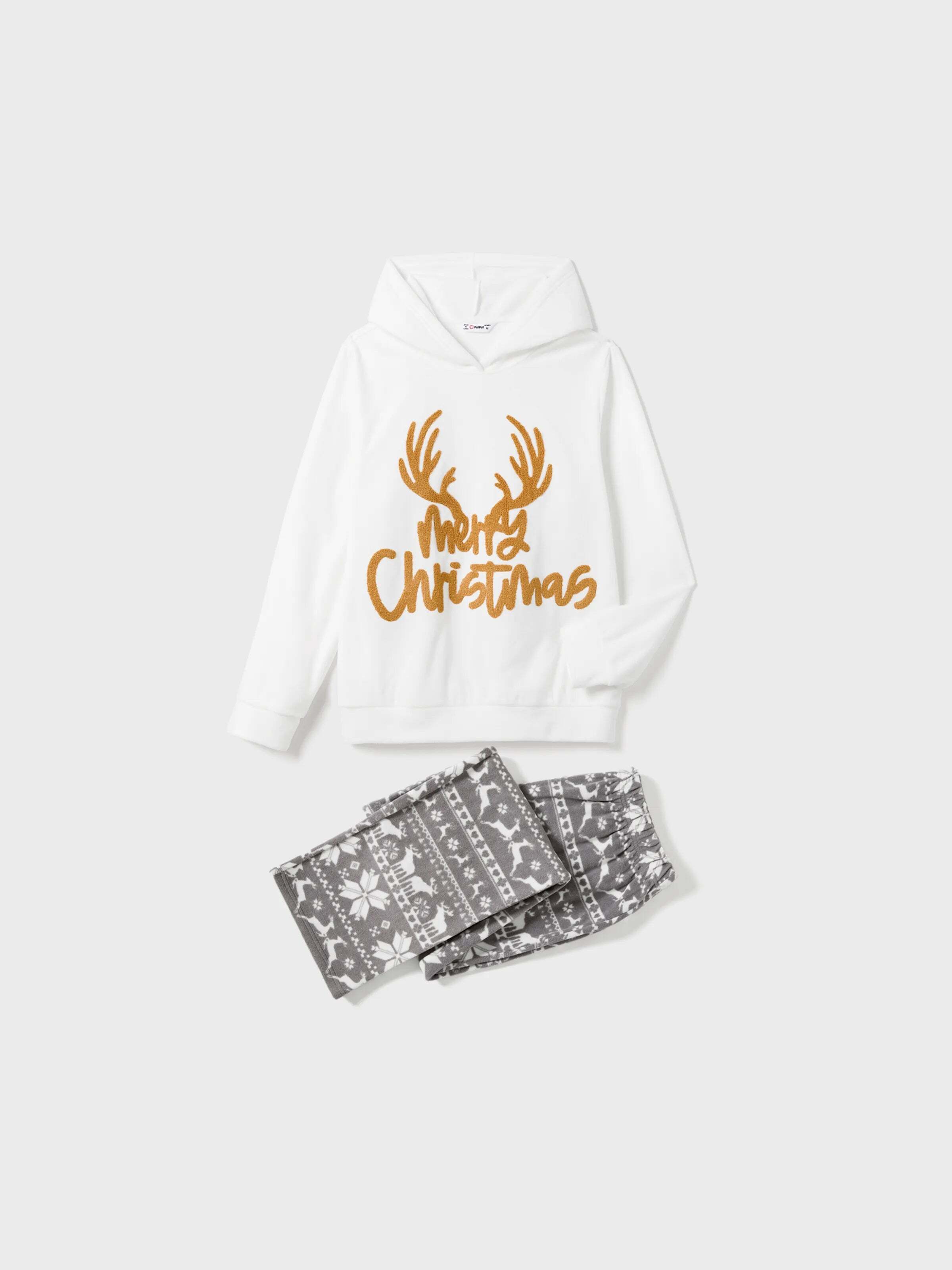 Christmas Family Matching Letters Embroidered Long-sleeve Hooded Fleece Pajamas Sets with Christmas Socks White