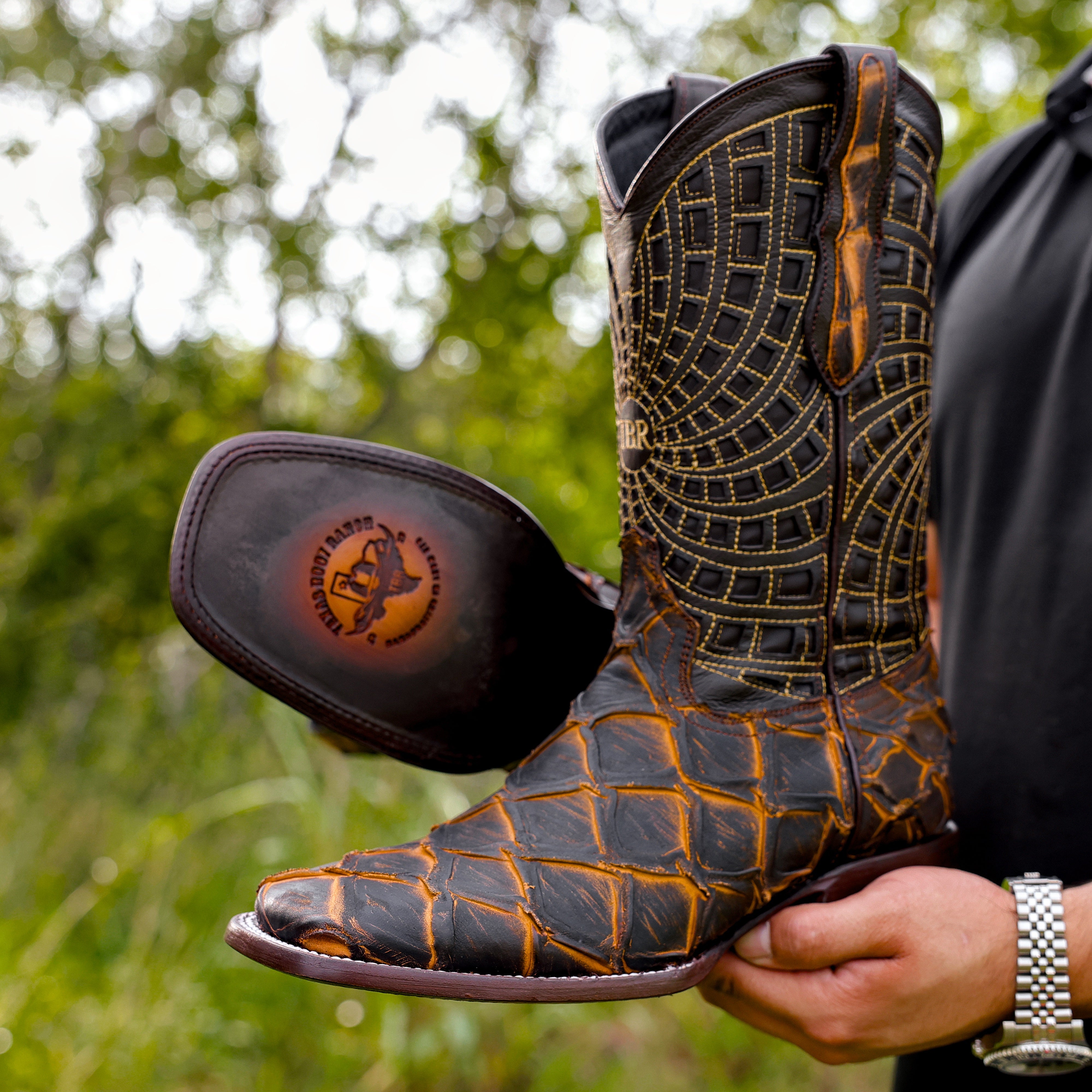 Matte Rustic Black/Honey Pirarucu Leather Boots - Square Toe