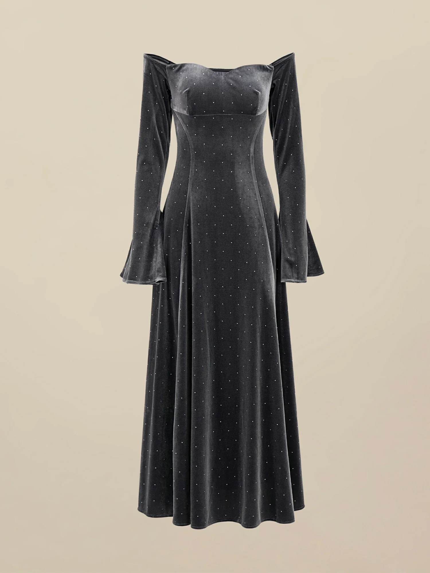 Velvet Rhinestone Long Sleeve Off-Shoulder Dress