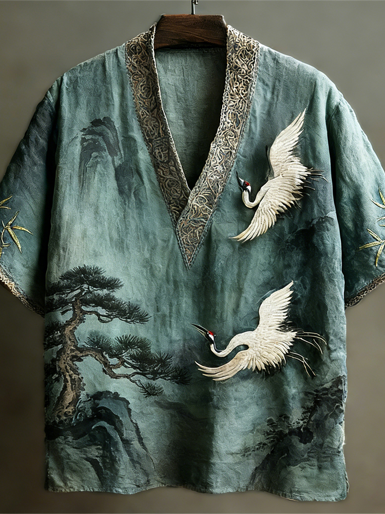Japanese Crane Landscape Painting Art Linen V-neck Shirt