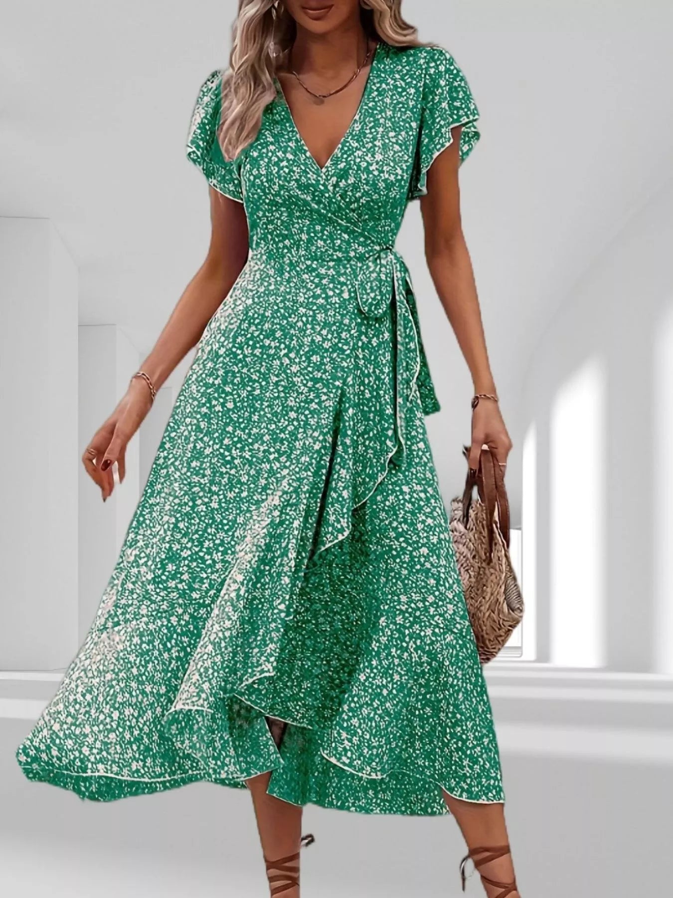 Floral Print Ruffle Hem Wrap Midi Dress