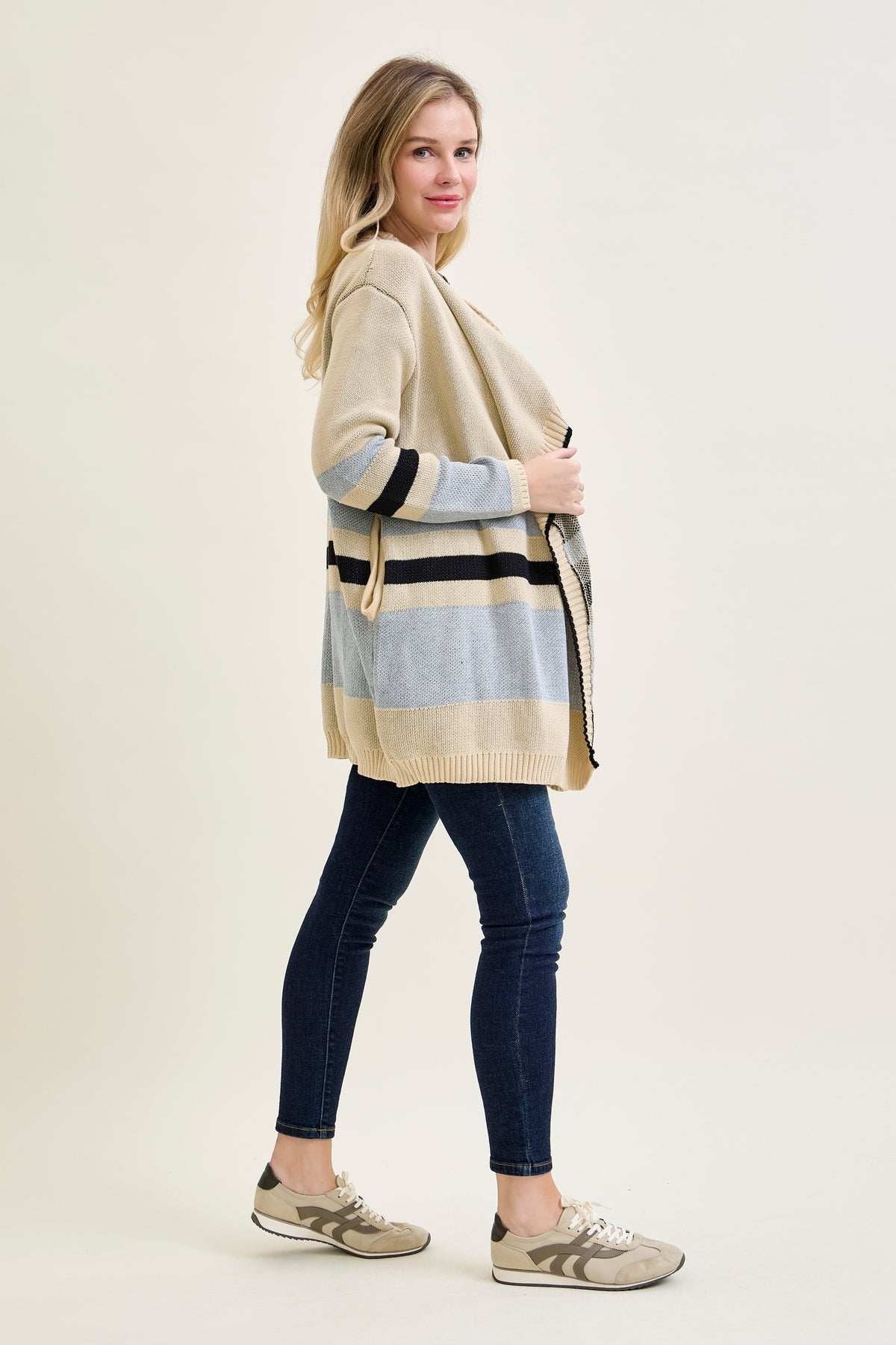 Drape Stripe Cardigan Beige Sweater