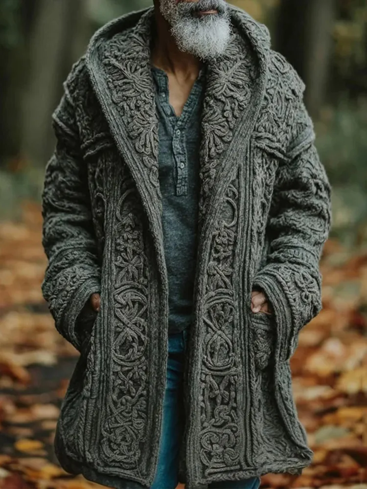 Men's Vintage Celtic Knot Jacquard Midi Hooded Sweater Cardigan