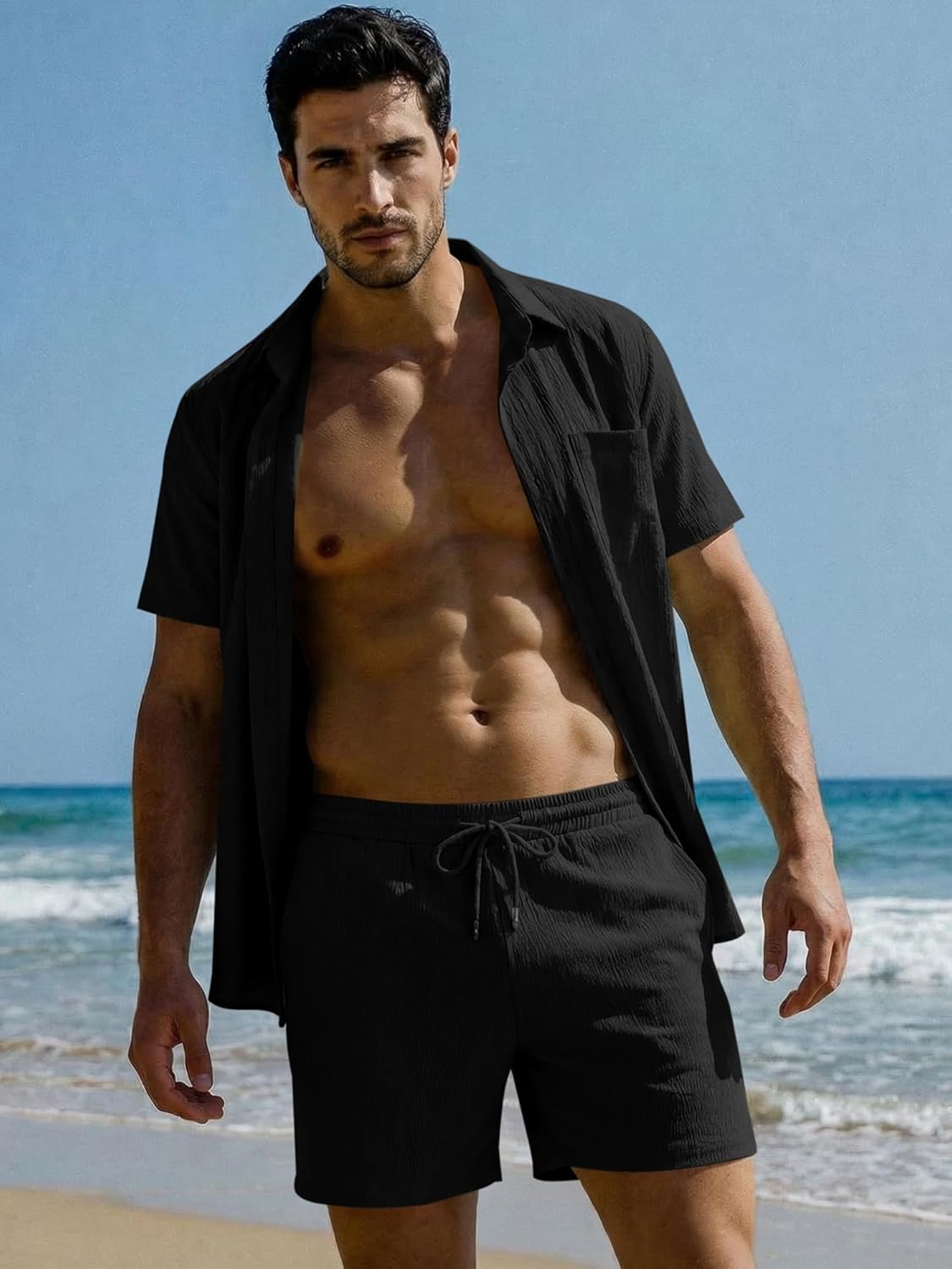 Mens 2 Piece Short Sets Short Sleeve Shirts and Shorts Summer Beach Vacation Texture Outfits