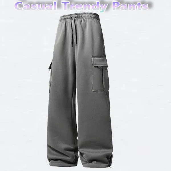 Unisex Casual Loose Waist Straight Pants with Drawstring & Pockets