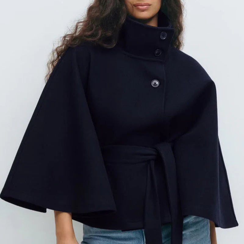 Women's cape-style coat with stand-up collar and belt