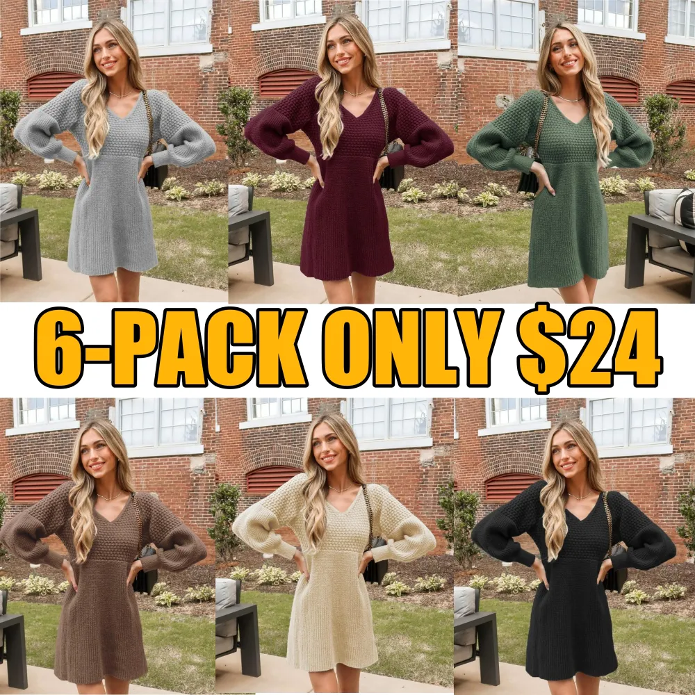 Women's Casual Sweater Dress V Neck Honeycomb Long Sleeve Textured Knit Pullover Dresses