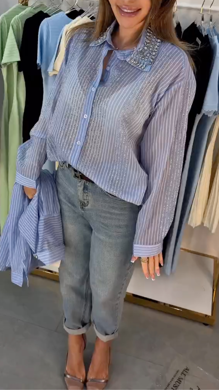 Women's Striped Rhinestone Collared Casual Shirt