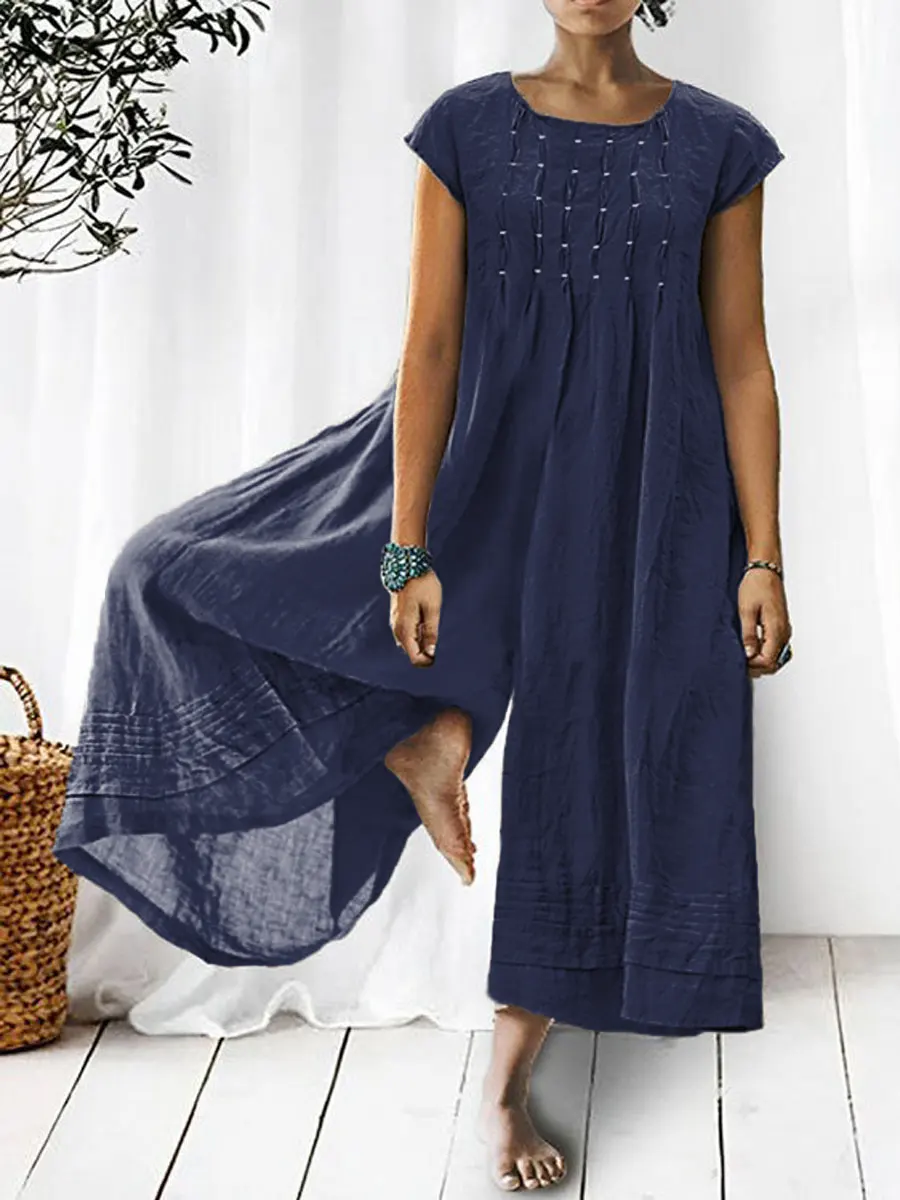 Women's Solid Color Art Casual Short Sleeve Cotton Linen Jumpsuit