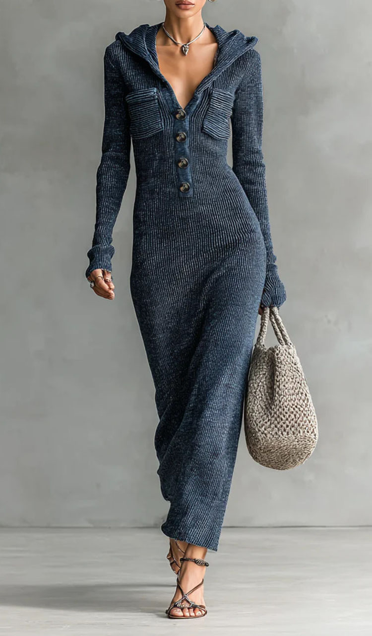 Women Hooded Half Breasted Elegant Casual Dress