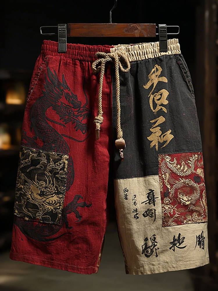 Men's Japanese Dragon Color Block Art Linen Casual Shorts