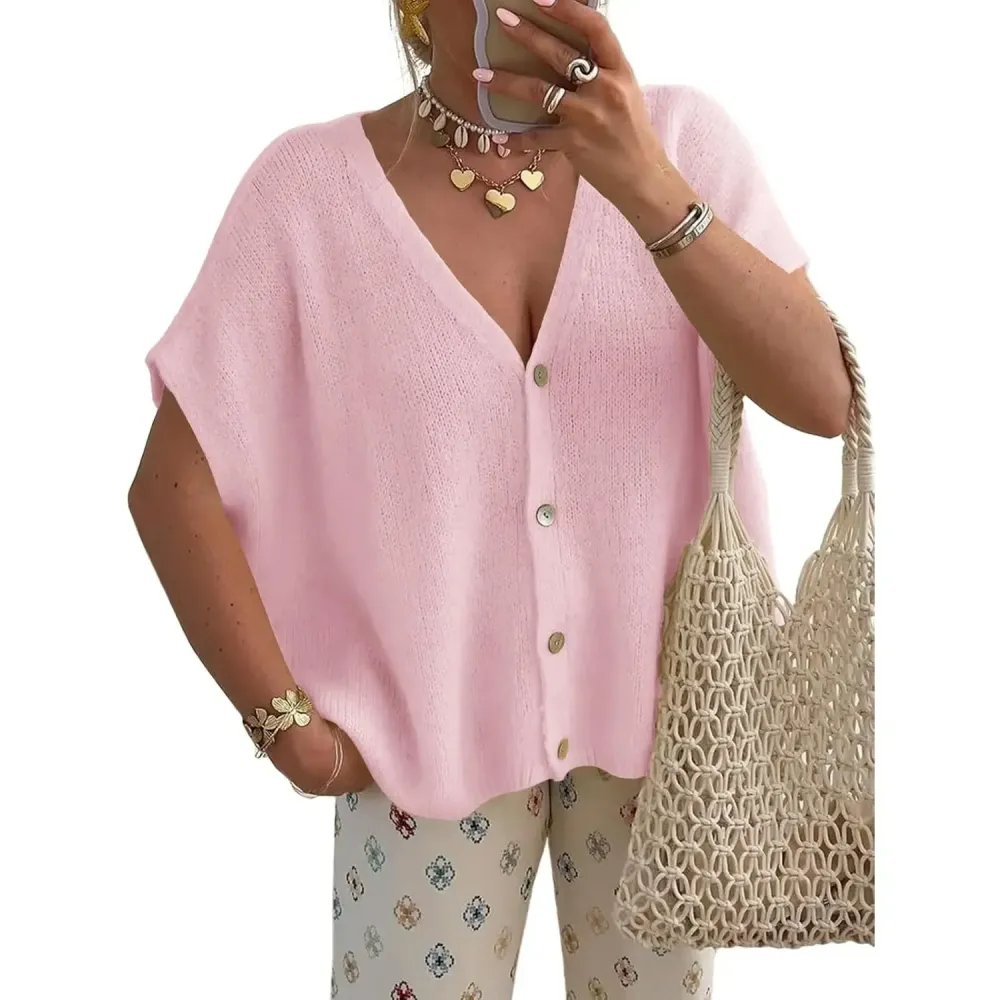 Womens Fall Oversized Cardigans Batwing Short Sleeve Lightweight Button V Neck Casual Knit Sweater Tops