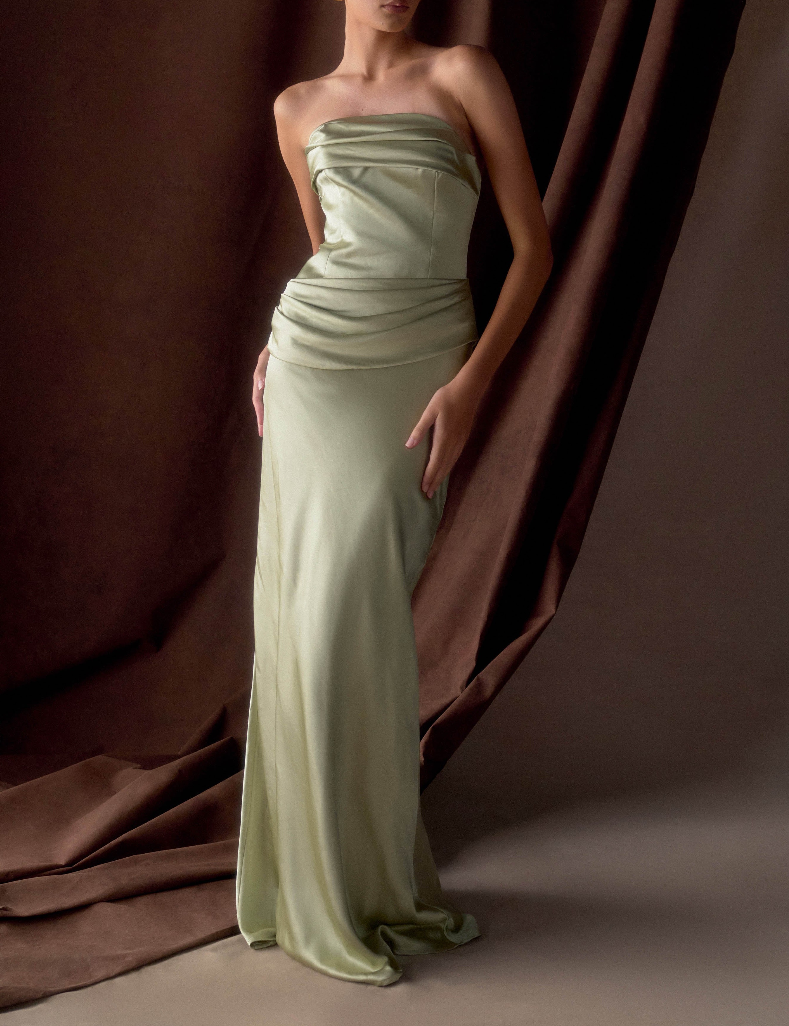 Sage Strapless Satin Maxi Dress