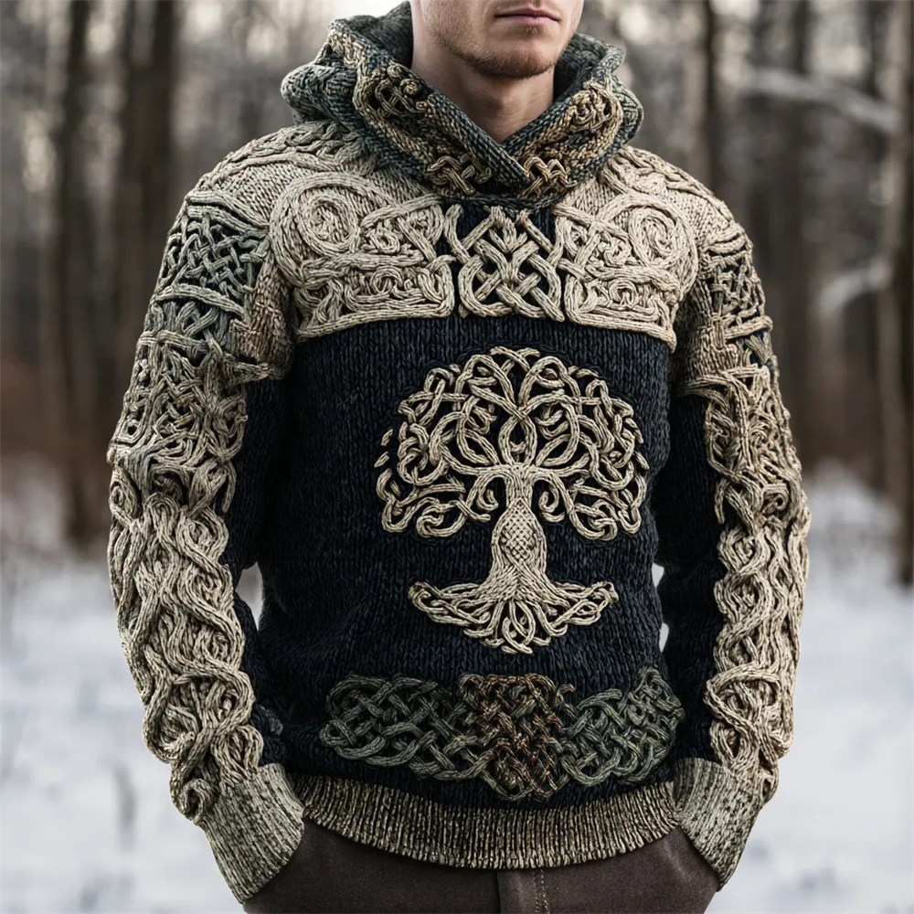 Viking Celtic Tree Knit Art Men's Hooded Sweater