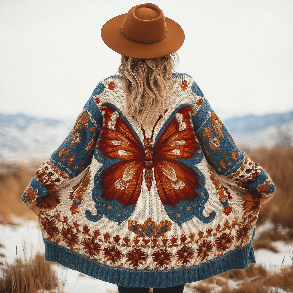 Bohemian Style Butterfly And Plant Floral Pattern Women's Cardigan Sweater