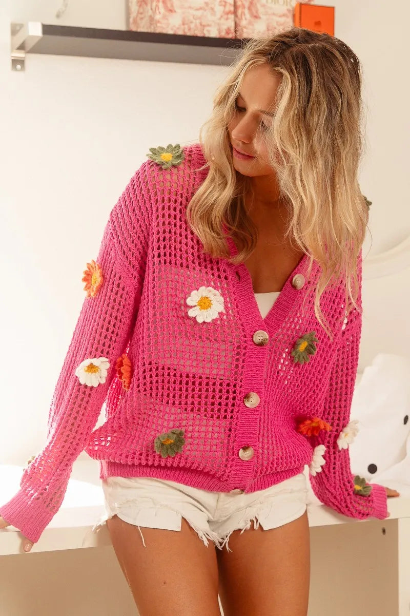 Flower Patches Open Knit Sweater Cardigan