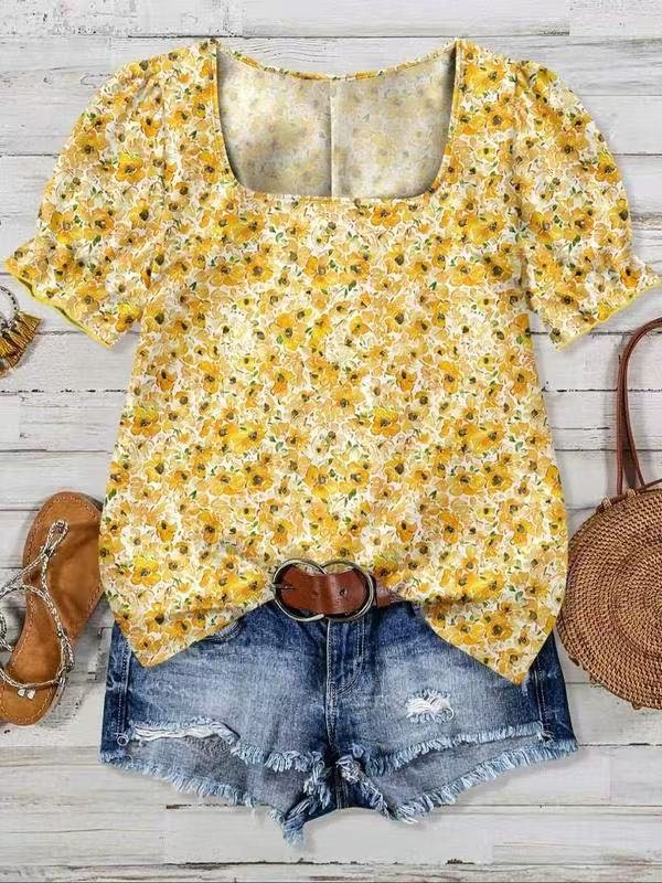 Puff Sleeve Loose Square Neck Floral Elegant T-Shirt