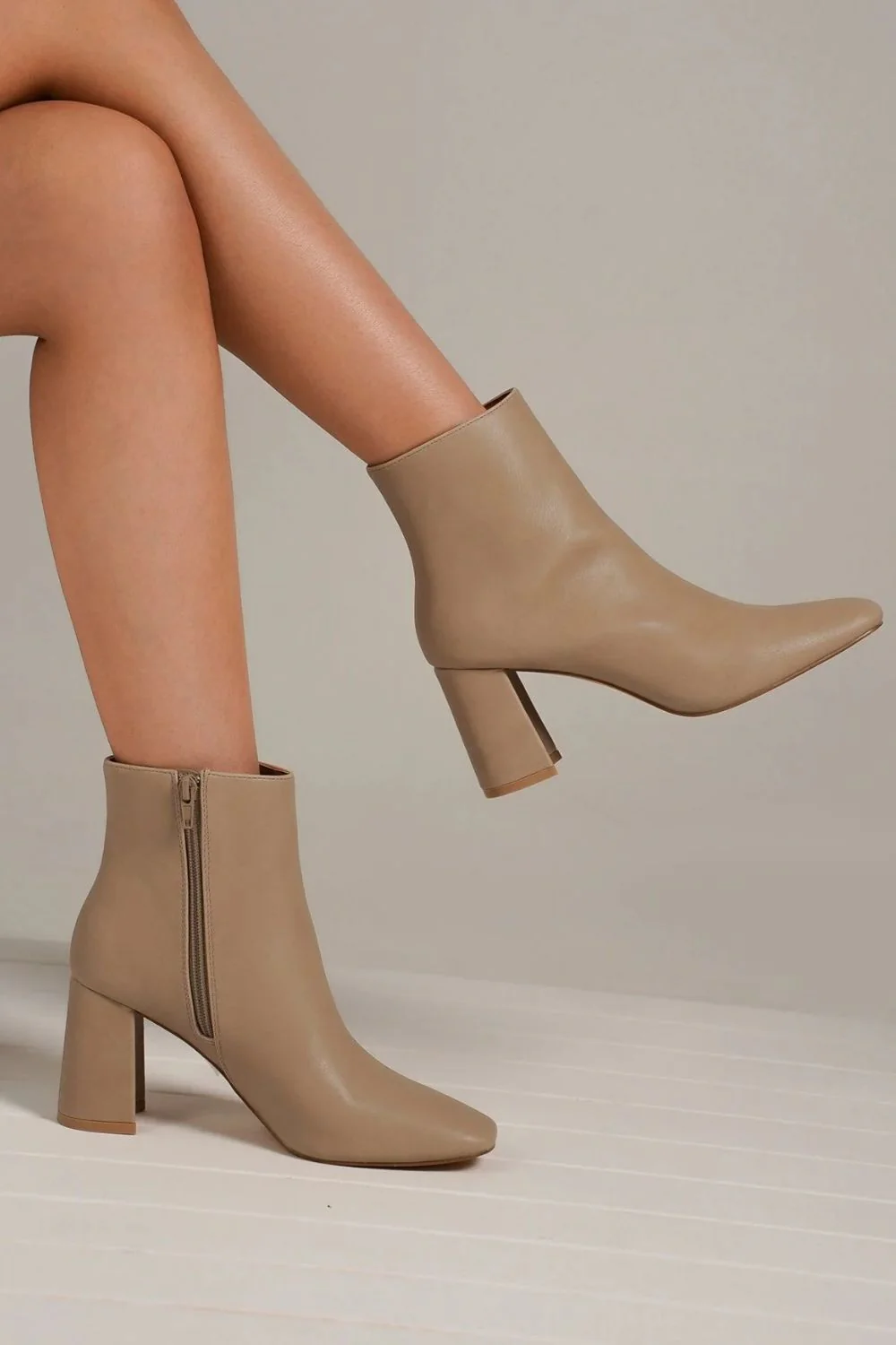 PU Leather Block Heel Boots with Side Zippers in Nude