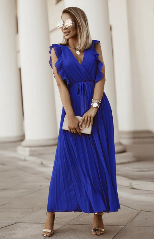 Beach Lotus Leaf Sleeve Chiffon Pleated Skirt Solid Color Dress