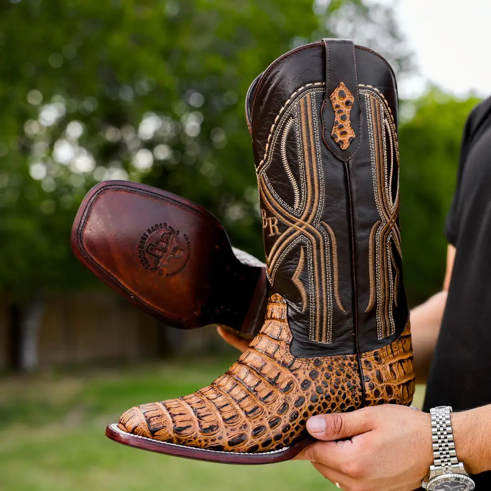 Honey Caiman Hornback Leather Boots - Square Toe