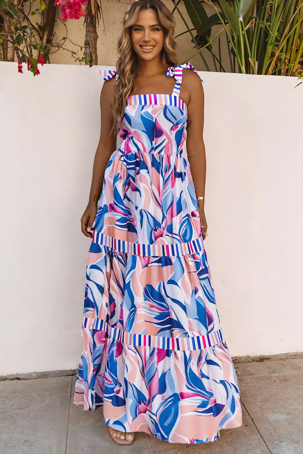Multicolor Abstract Print Striped Detail Knot Strap Maxi Dress