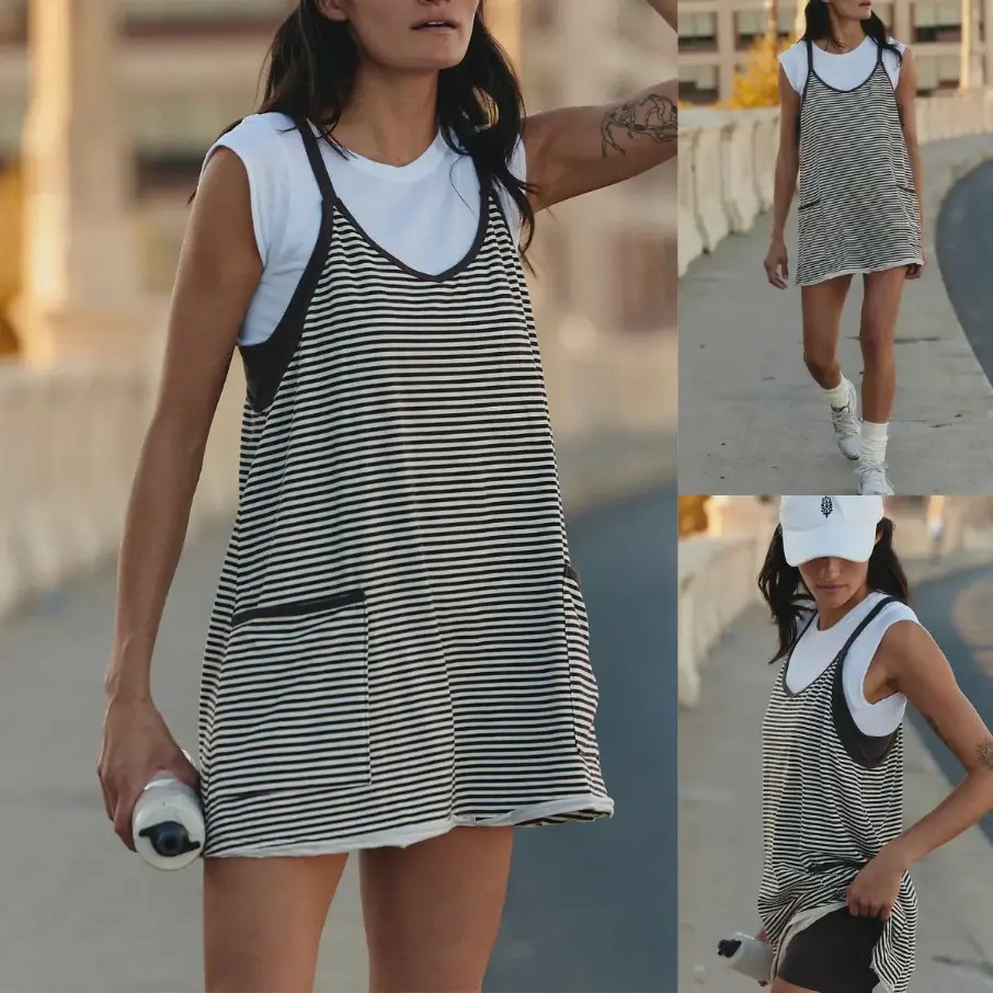 Women's Summer Athletic Mini Dress Sleeveless V Neck Built-in Shorts Striped Tennis Workout Vacation