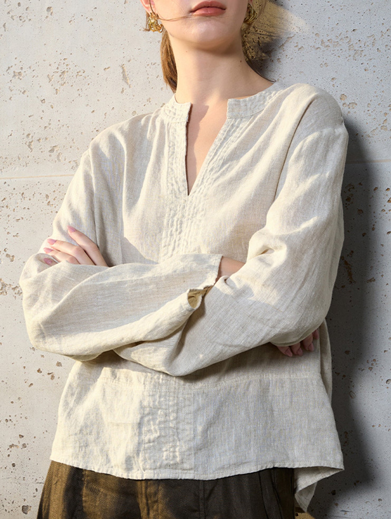 Pure Linen V Neck Long Sleeve Work Tee_CWTBLL02353