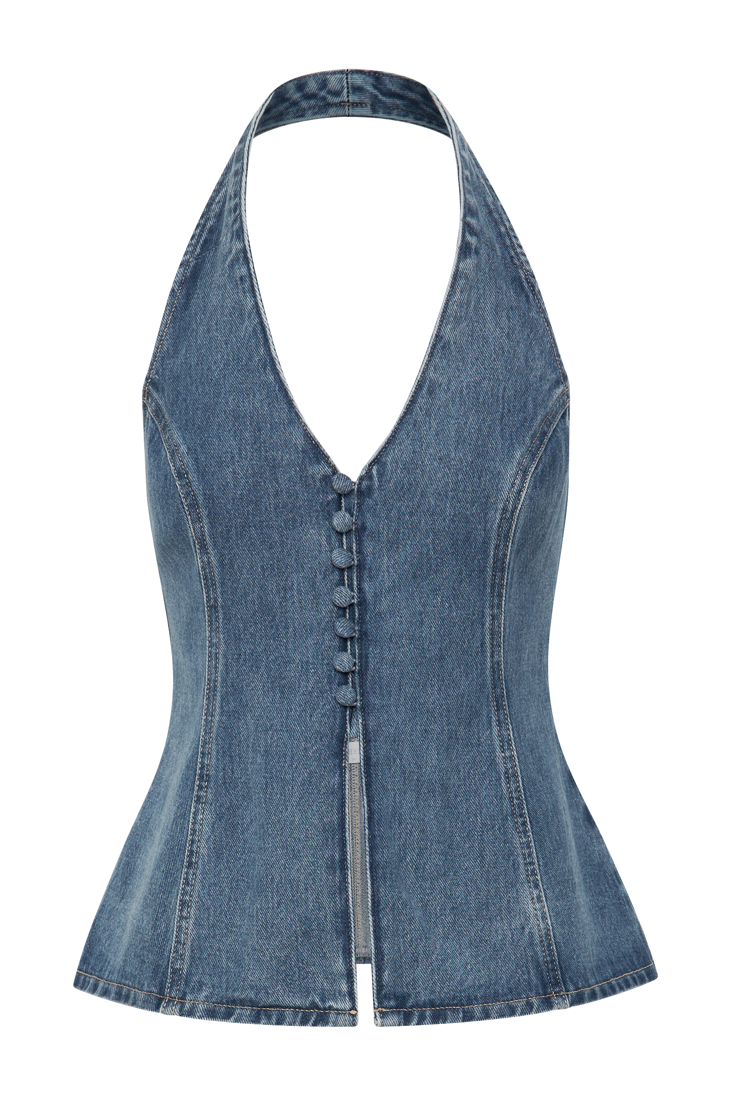 Blue Button Front Halter Denim Longline Top