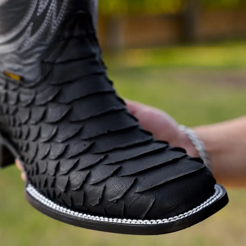 Matte Black Jumbo Python Leather Boots - Square Toe