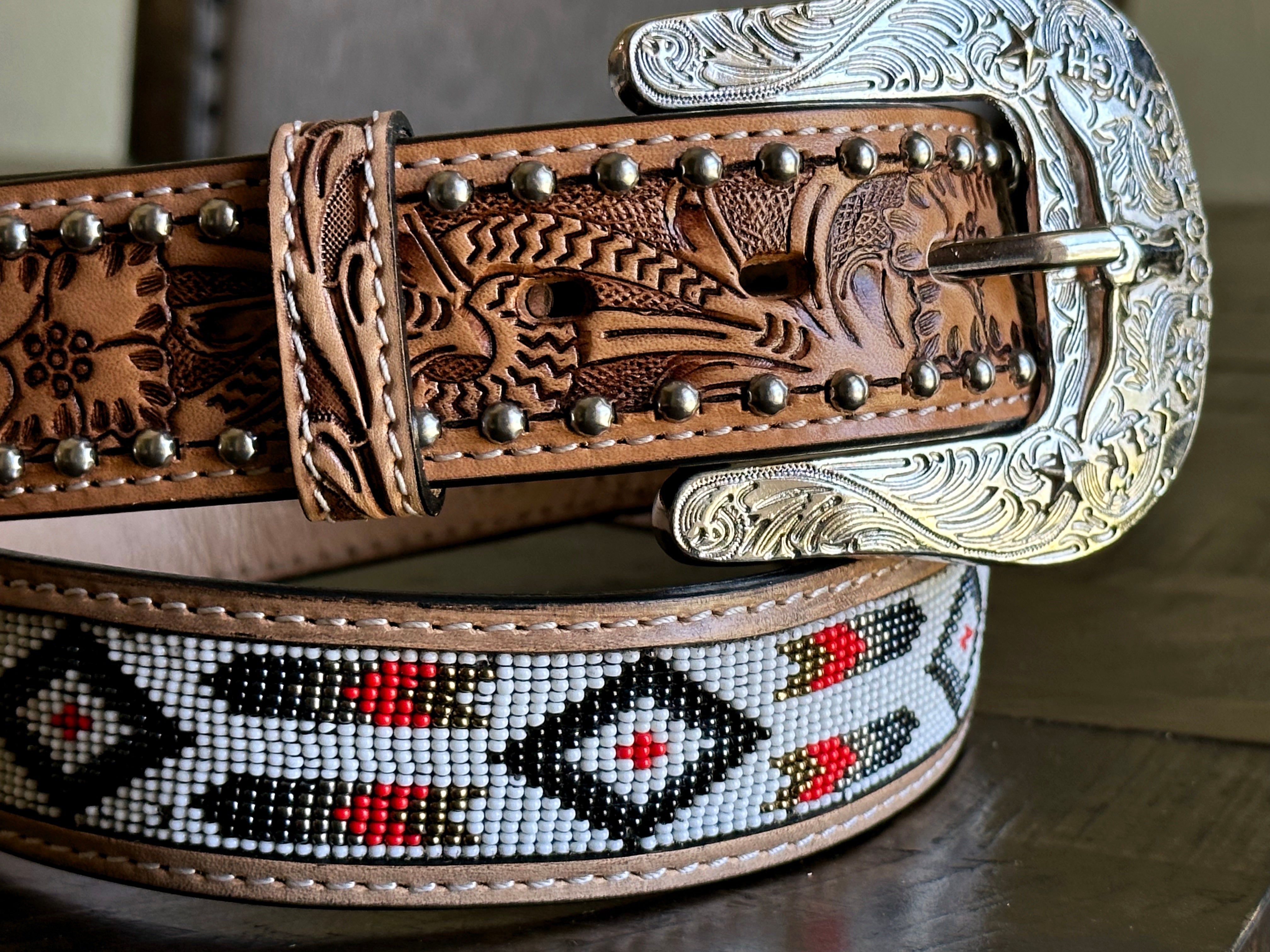 Tan Hand-Tooled Artesanal Tabs With Silver Studs White & Black Beaded Leather Belt