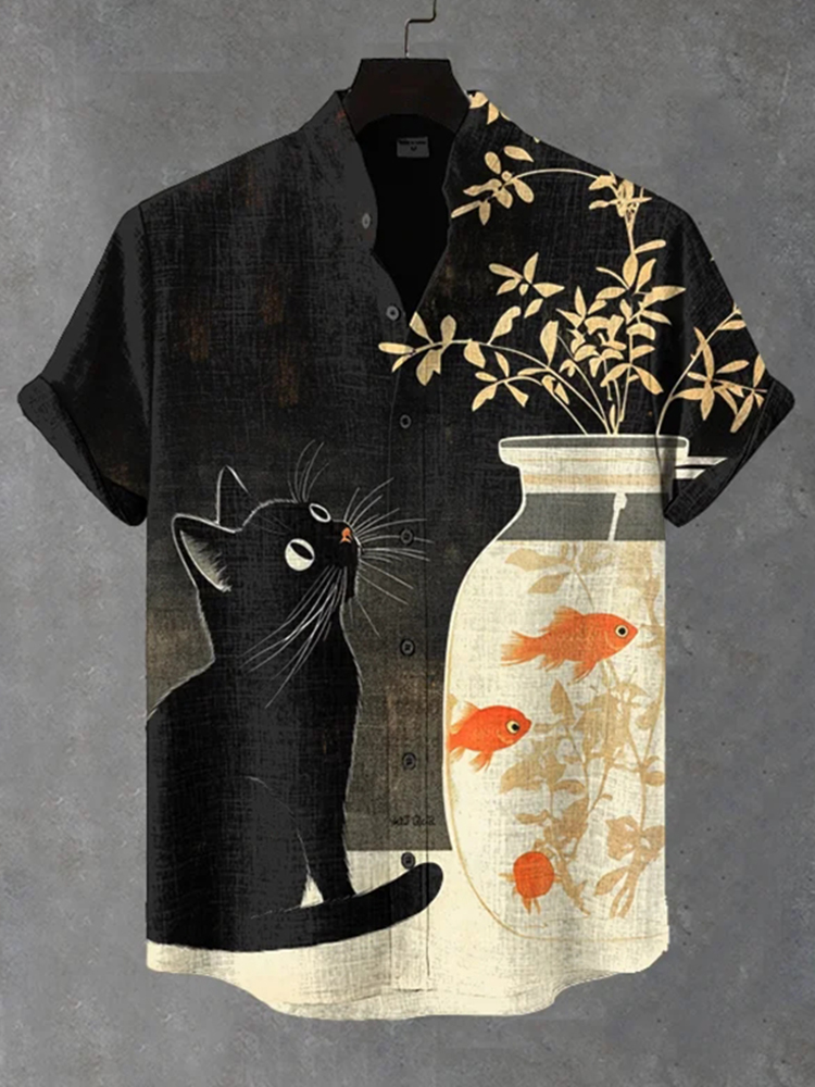 Men's Black Cat And Goldfish Art Print Short Sleeve Shirt