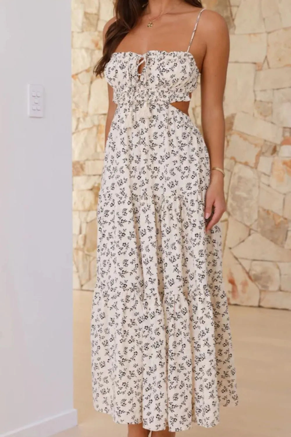 Cutout Printed Sleeveless Midi Cami Dress