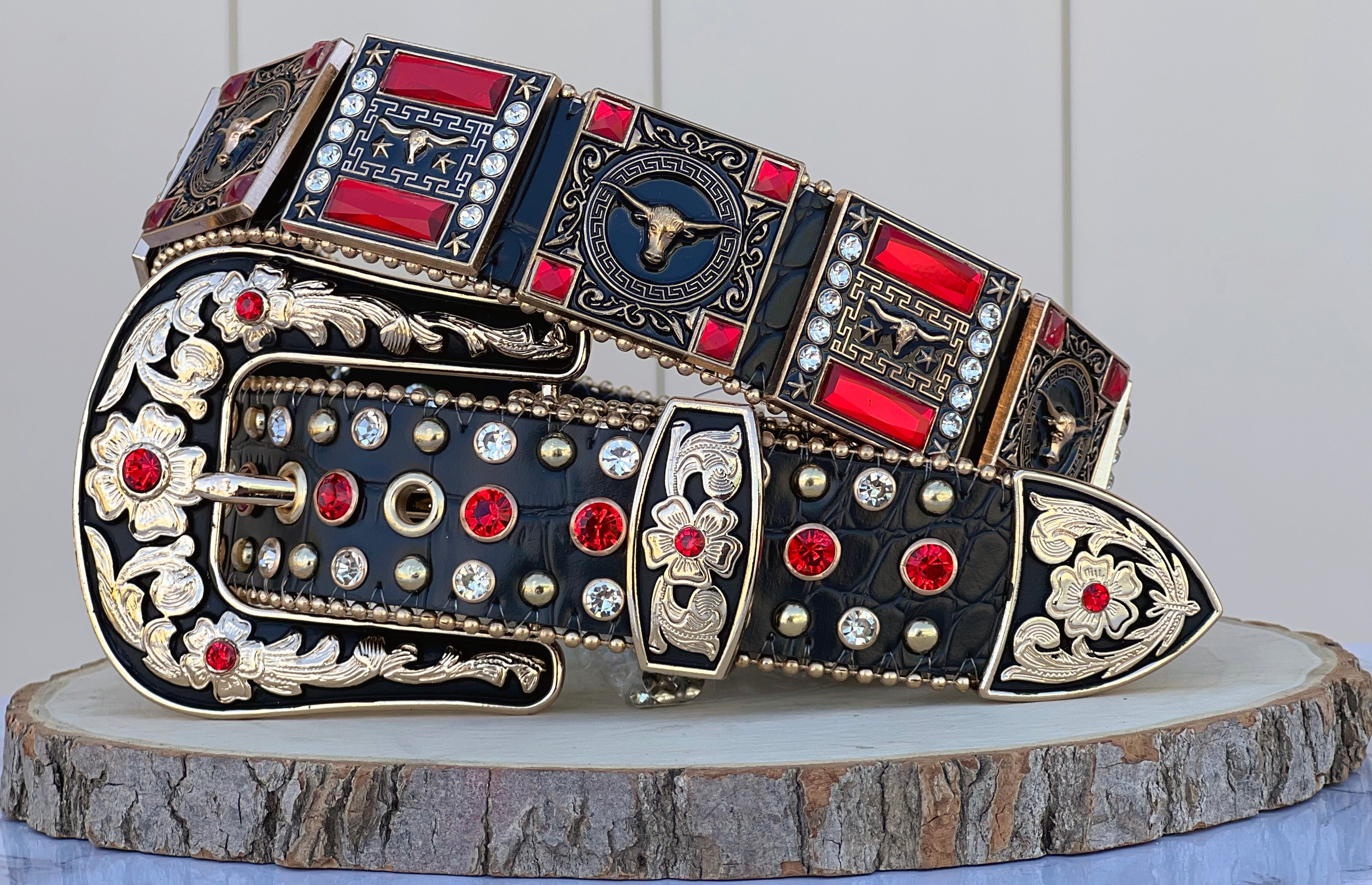 Western Black Longhorn Leather Belt With Red Rhinestones
