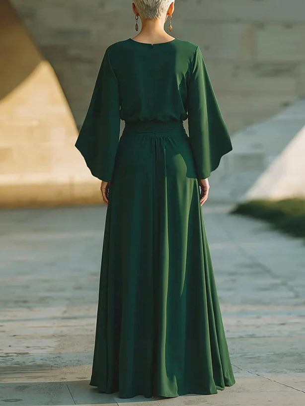 Dark Green Round Neck Chiffon Batwing-sleeve Maxi Dress