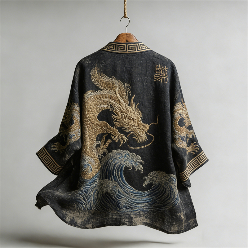Japanese Dragons & Sea Waves Art Flowy Linen Kimono