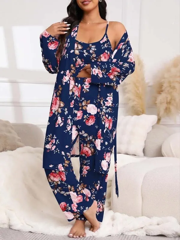 3-Piece Set Floral Print Belted Lounge Robe & Cami Top & Elastic