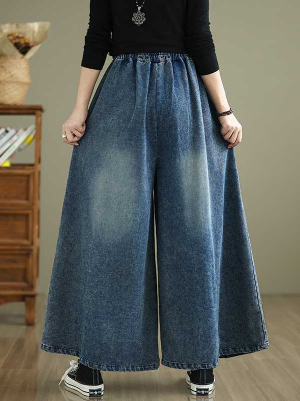 Elasticity Pleated Pockets High Waisted Loose Jean Pants Bottoms
