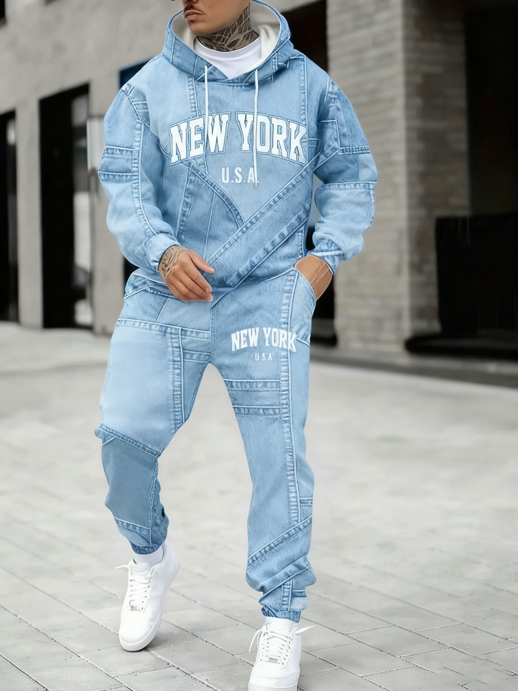 Men's Fall Winter Hooded Sweatshirt and Pants Set with 3D Denim Look